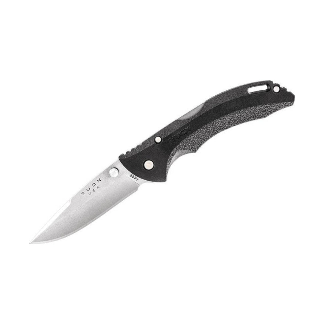 Black folding pocket knife with a silver drop-point blade