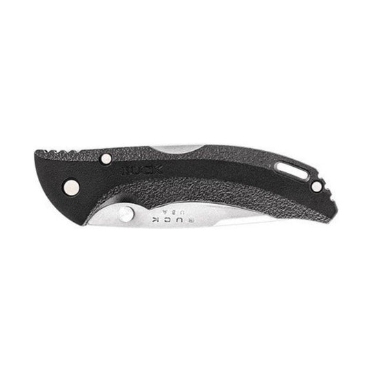Black folding pocket knife with textured handle and silver blade