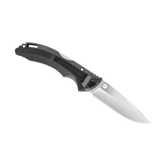 Black folding pocket knife with a silver blade and textured handle