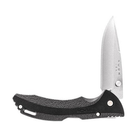 Black folding pocket knife with a silver blade, textured handle, and belt clip