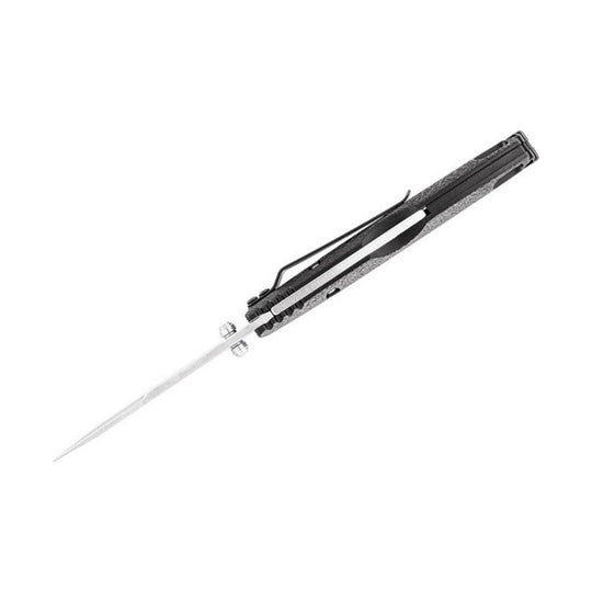 Black folding knife with a silver blade and pocket clip, shown open on a white background