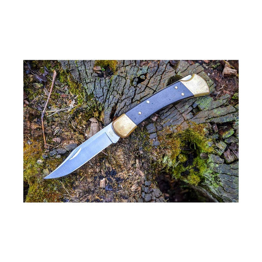 Folding pocket knife with black handle, brass bolsters, and a silver blade on a mossy log
