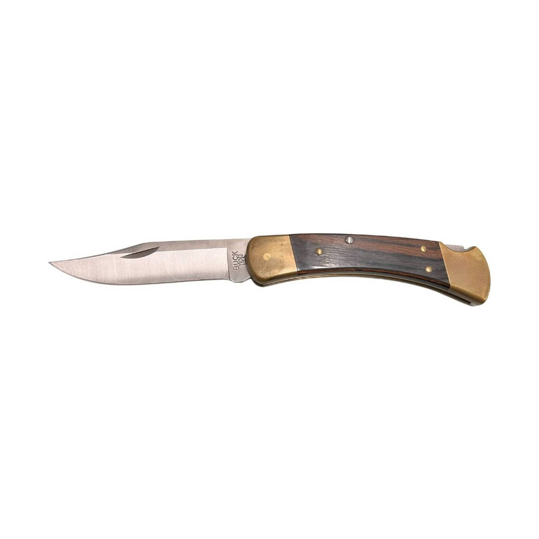 Folding pocket knife with a stainless steel blade, dark wood handle, and brass bolsters, shown open