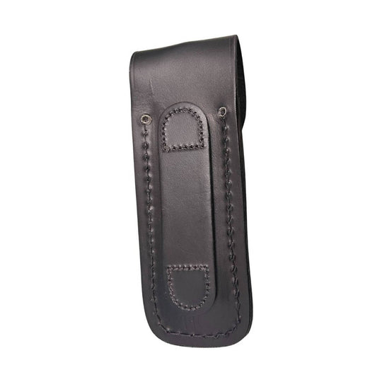 Black leather folding knife sheath with stitched belt clip