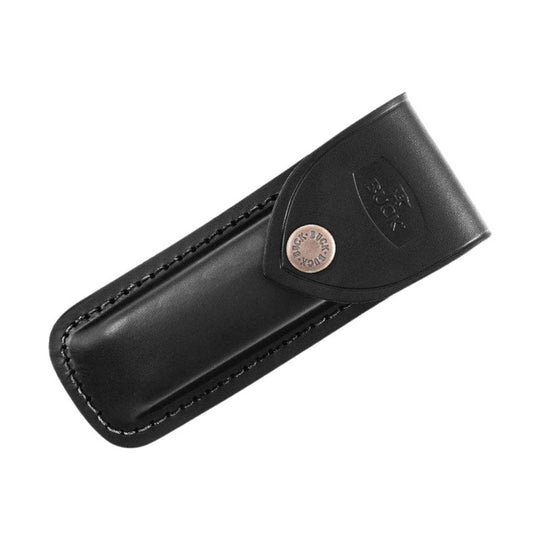 Black leather folding knife sheath with snap closure and stitched edges