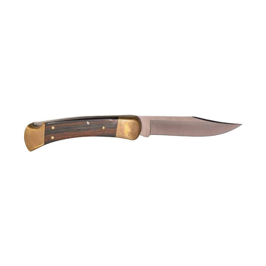 Folding knife with wood handle and brass accents on a white background