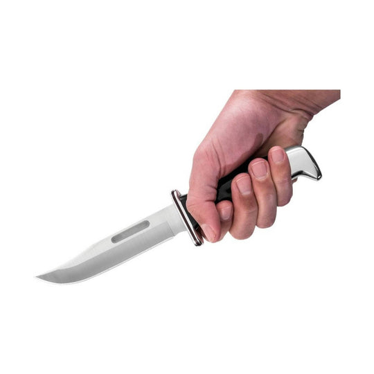 Fixed-blade hunting knife with a black handle and silver blade held in a hand