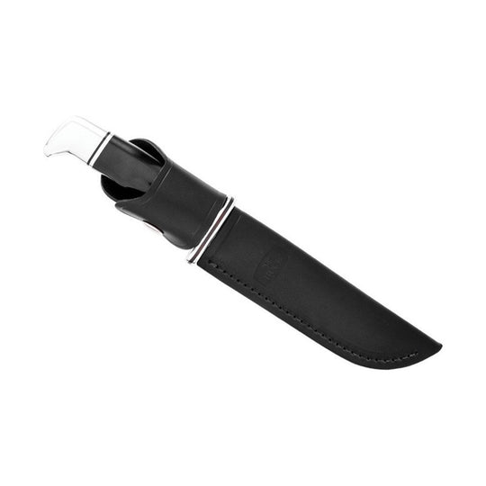 Black hunting knife in a black sheath with a white handle and metal bolster