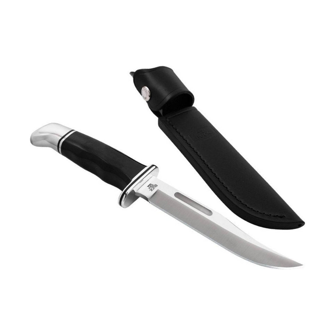 Fixed-blade hunting knife with a black handle, silver blade, and black leather sheath