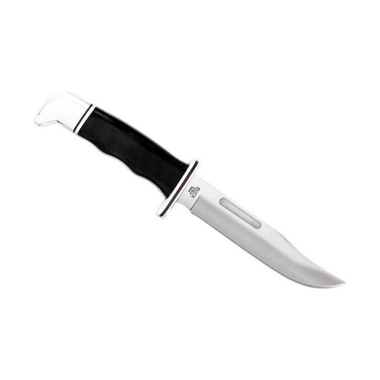 Fixed-blade knife with black handle and silver curved blade