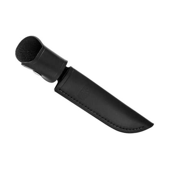 Black leather knife sheath with stitched edge and looped top opening