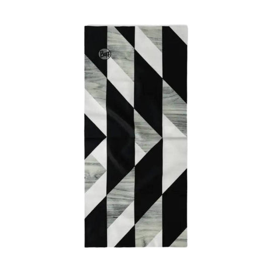 Black, white, and gray geometric neck gaiter with a small Buff logo
