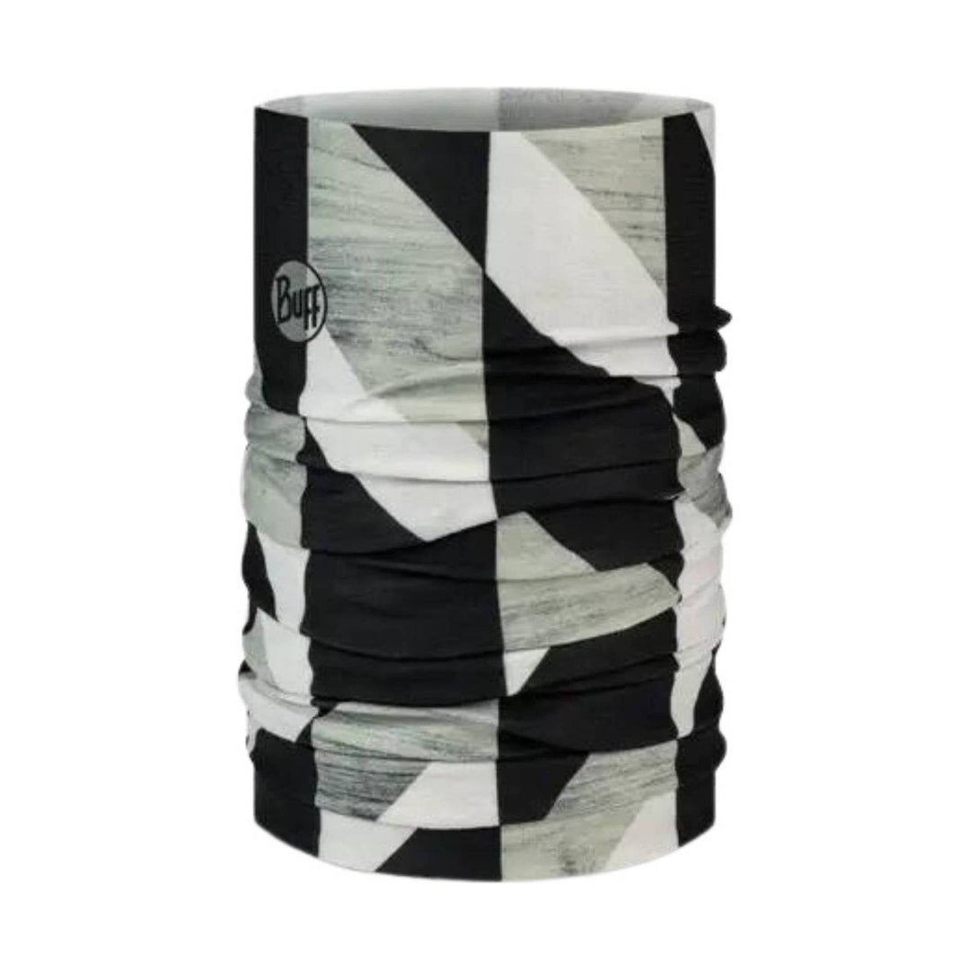 Black and white patterned neck gaiter with a small Buff logo