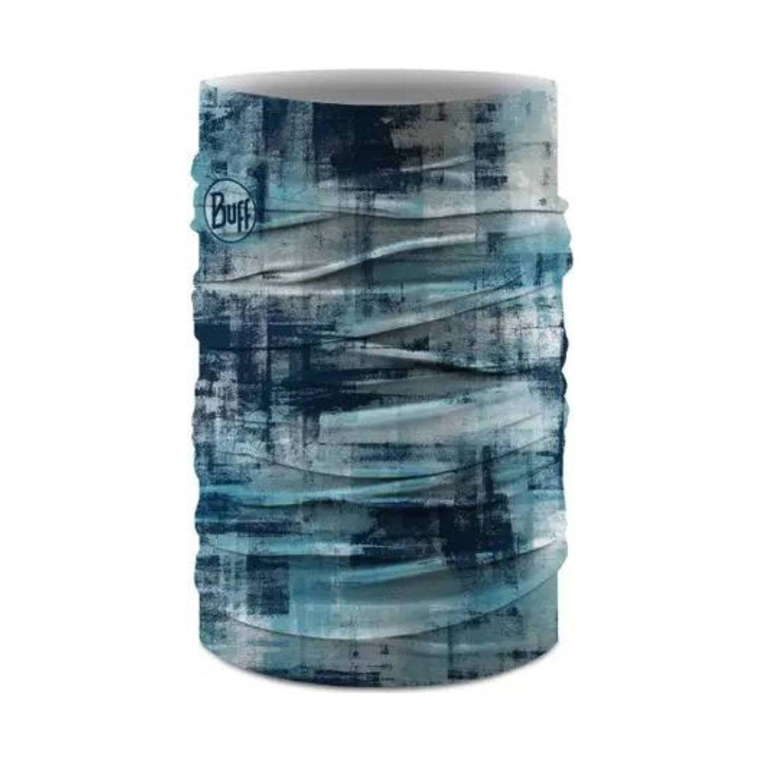 Blue patterned Buff neck gaiter with a visible Buff logo