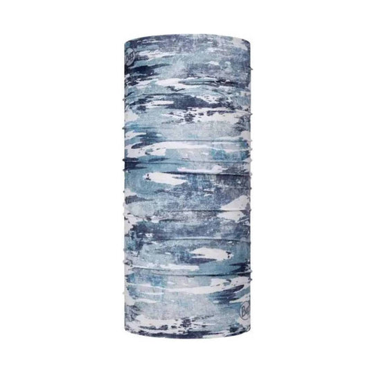 Blue and gray abstract patterned neck gaiter with Buff logos