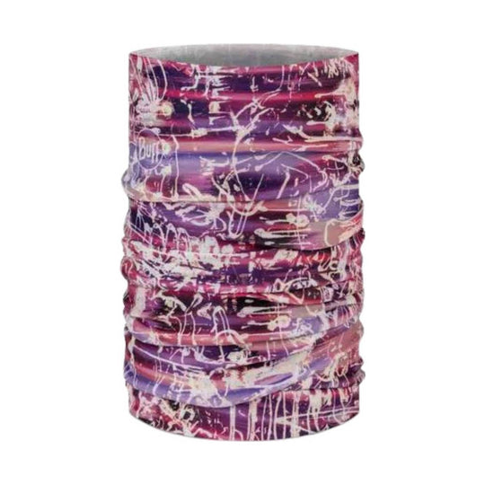 Purple and pink neck gaiter with abstract white line pattern