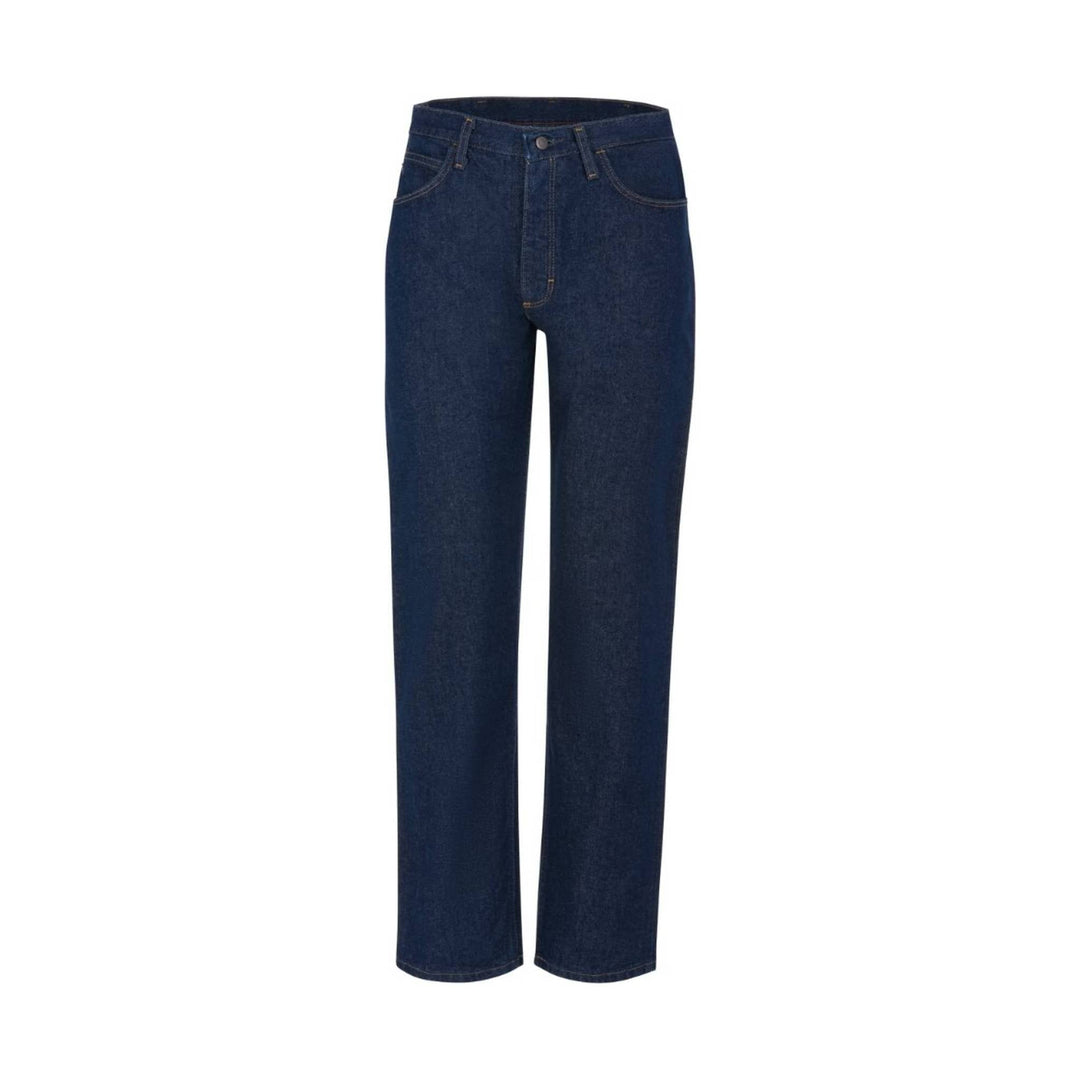 Dark blue straight-leg jeans with five-pocket styling