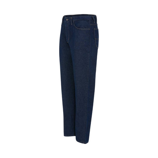 Dark blue denim work jeans with a straight leg and front pockets