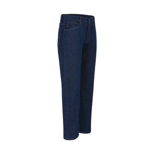 Dark blue denim jeans with a straight leg and five-pocket style