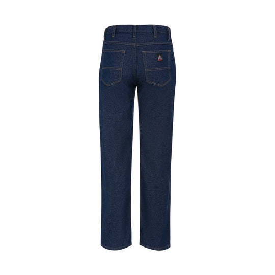Dark blue denim jeans shown from the back with five pockets and straight legs