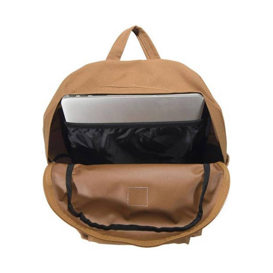 Brown backpack open with a silver laptop in the main compartment and a front zip pocket