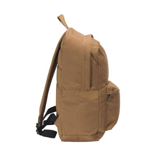 Tan backpack shown in side view with a front zip pocket and black shoulder straps