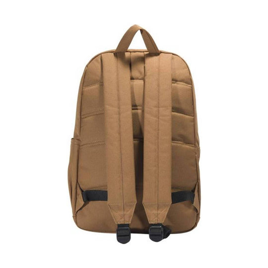 Tan backpack with padded shoulder straps and black bottom buckles, shown from the back