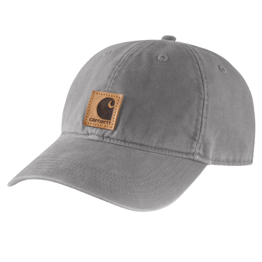 Gray baseball cap with a tan leather logo patch on the front
