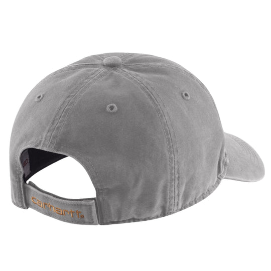Gray baseball cap shown from the back with an adjustable strap and embroidered logo on the strap