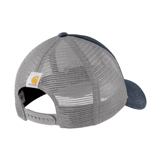 Gray mesh trucker cap with navy brim and snapback closure, shown from the back