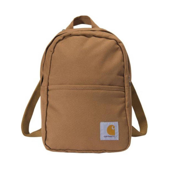 Small brown canvas backpack with a front pocket, top handle, and logo patch