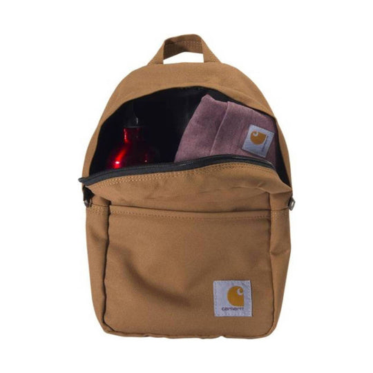 Tan mini backpack with front zip pocket and small logo patches, shown open with contents inside