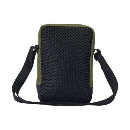 Small olive green and black mesh crossbody bag with adjustable strap