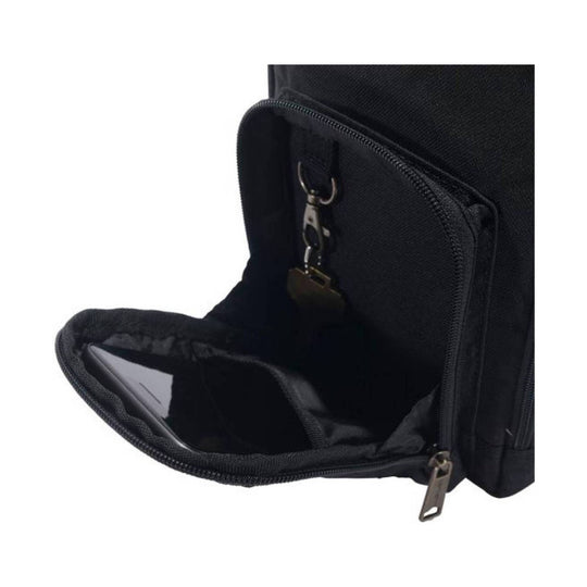 Black zippered crossbody bag with a front pocket and hanging key clip, open to show the inside