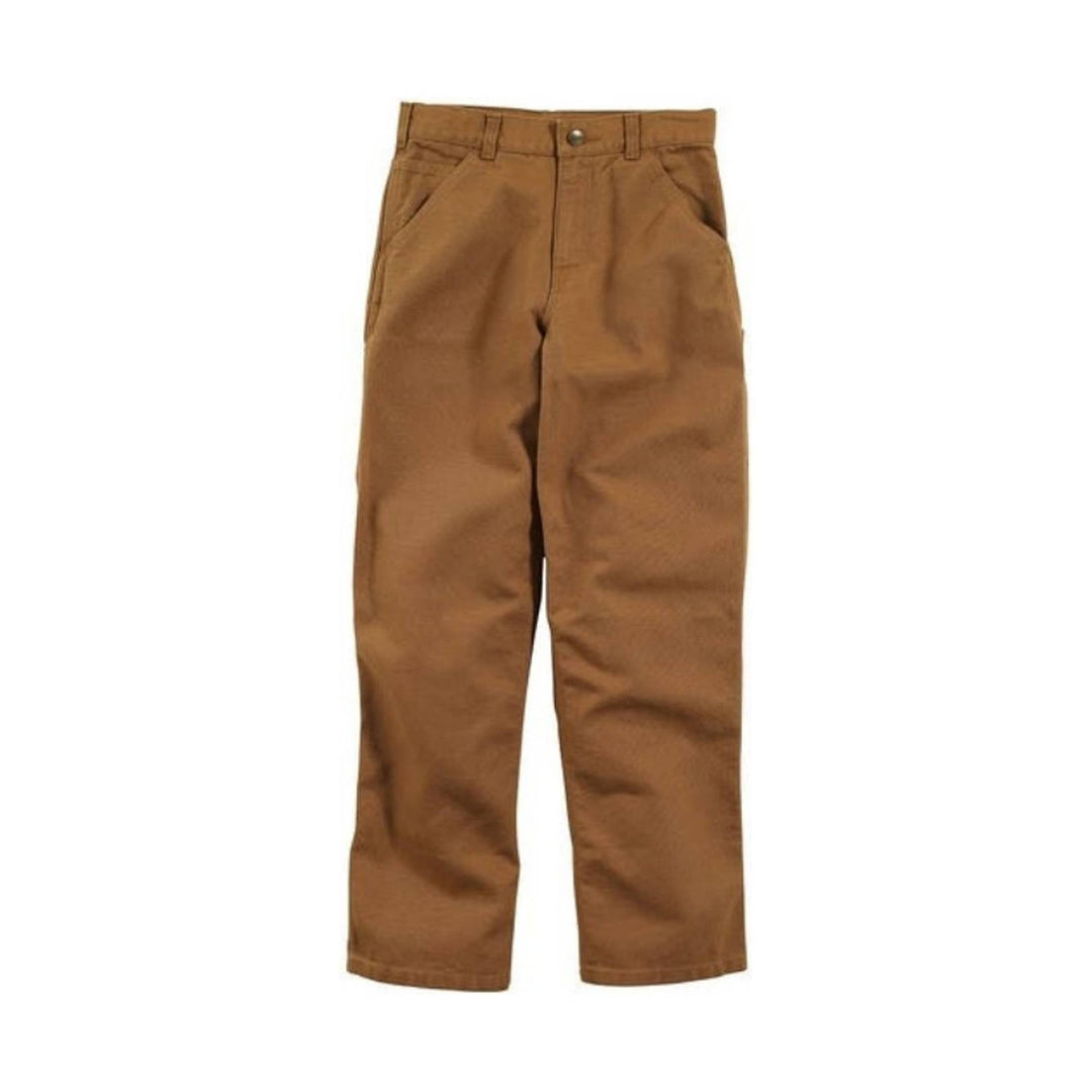 Brown canvas pants with front slash pockets and a button waistband