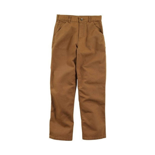 Brown canvas pants with front slash pockets and a button waistband