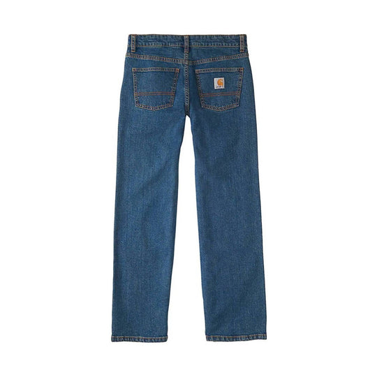 Medium-wash blue kids' straight-leg jeans with five pockets and back patch logo
