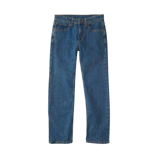 Blue straight-leg five-pocket jeans with a button fly
