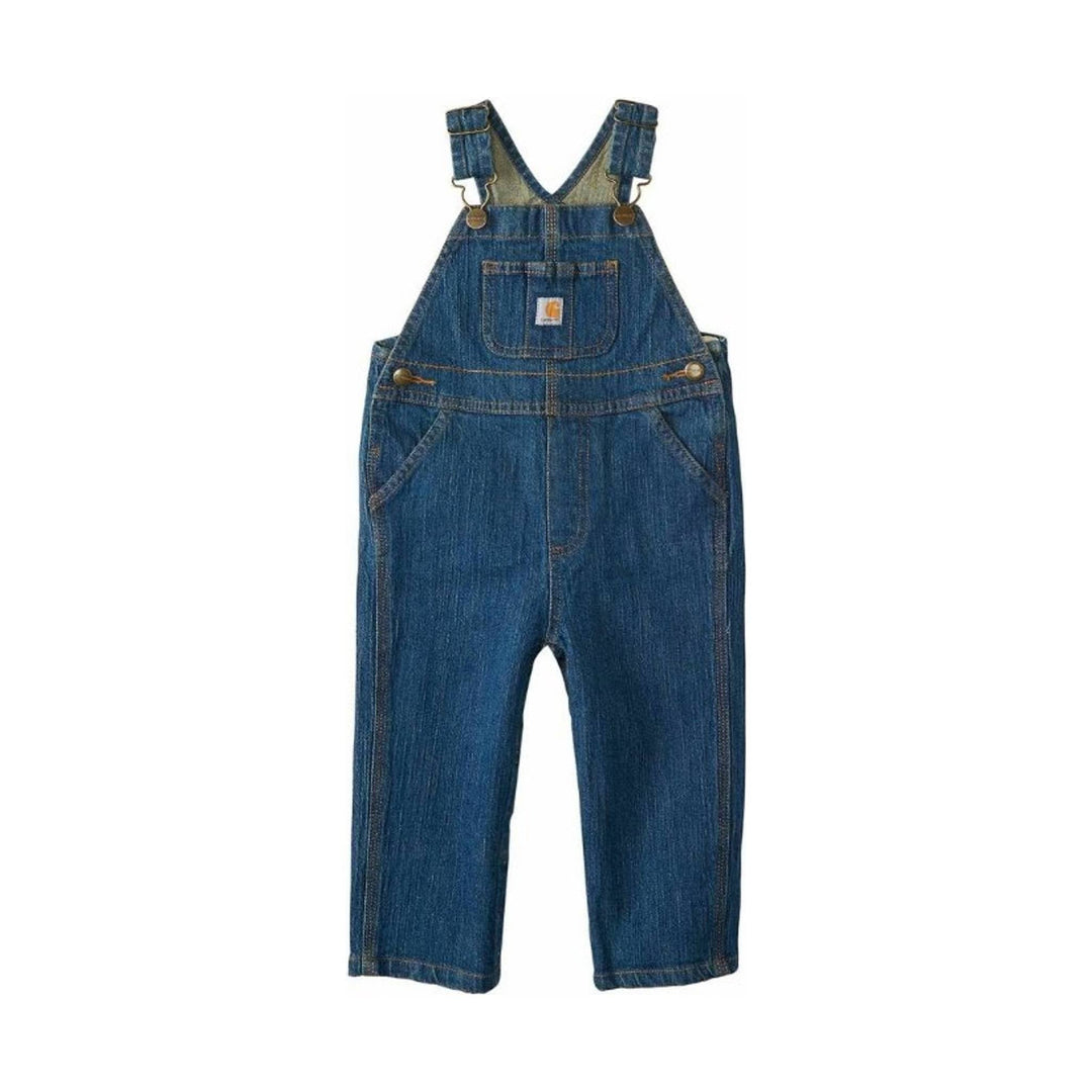 Denim bib overalls with adjustable shoulder straps, front chest pocket, and wide-leg cuffs