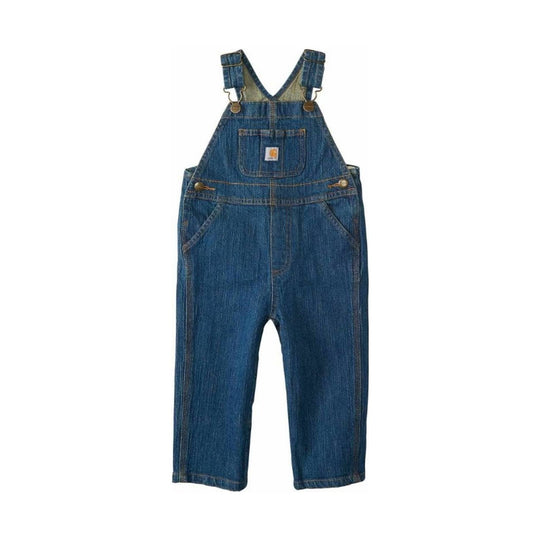 Denim bib overalls with adjustable shoulder straps, front chest pocket, and wide-leg cuffs