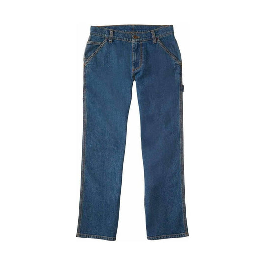 Blue denim kids' pants with a straight leg and front patch pockets