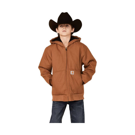 Brown zip-front hooded jacket with a chest logo patch, worn with jeans