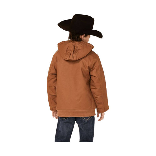 Brown hooded kids jacket shown from the back with dark jeans and a black cowboy hat
