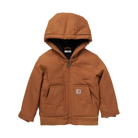 Brown hooded zip-front jacket with front pockets and ribbed hem