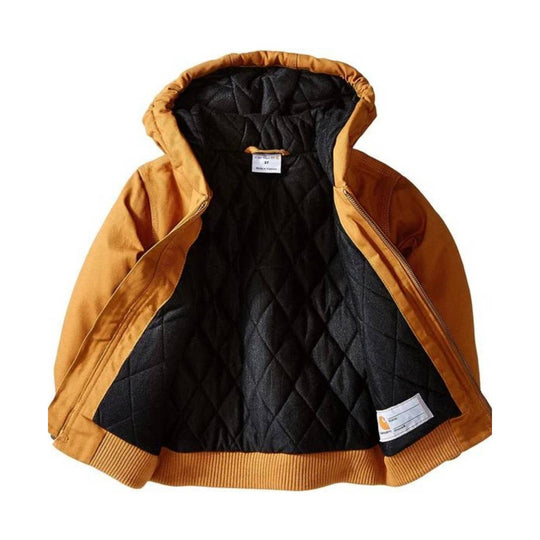 Brown hooded kids jacket with black quilted lining, shown open
