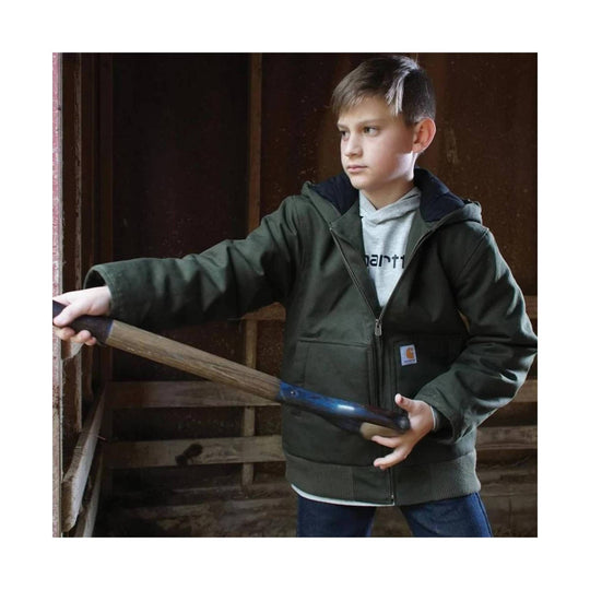 Olive hooded zip-front jacket with quilted lining on a child model