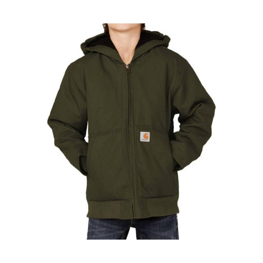 Olive hooded zip-up jacket with ribbed cuffs and hem