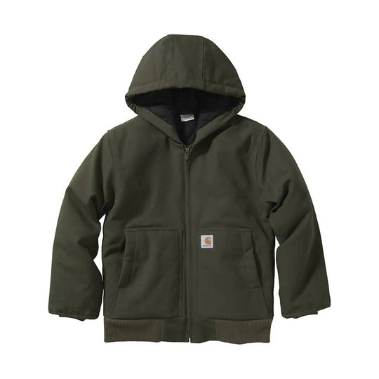 Olive hooded zip-up jacket with front patch pockets and ribbed hem