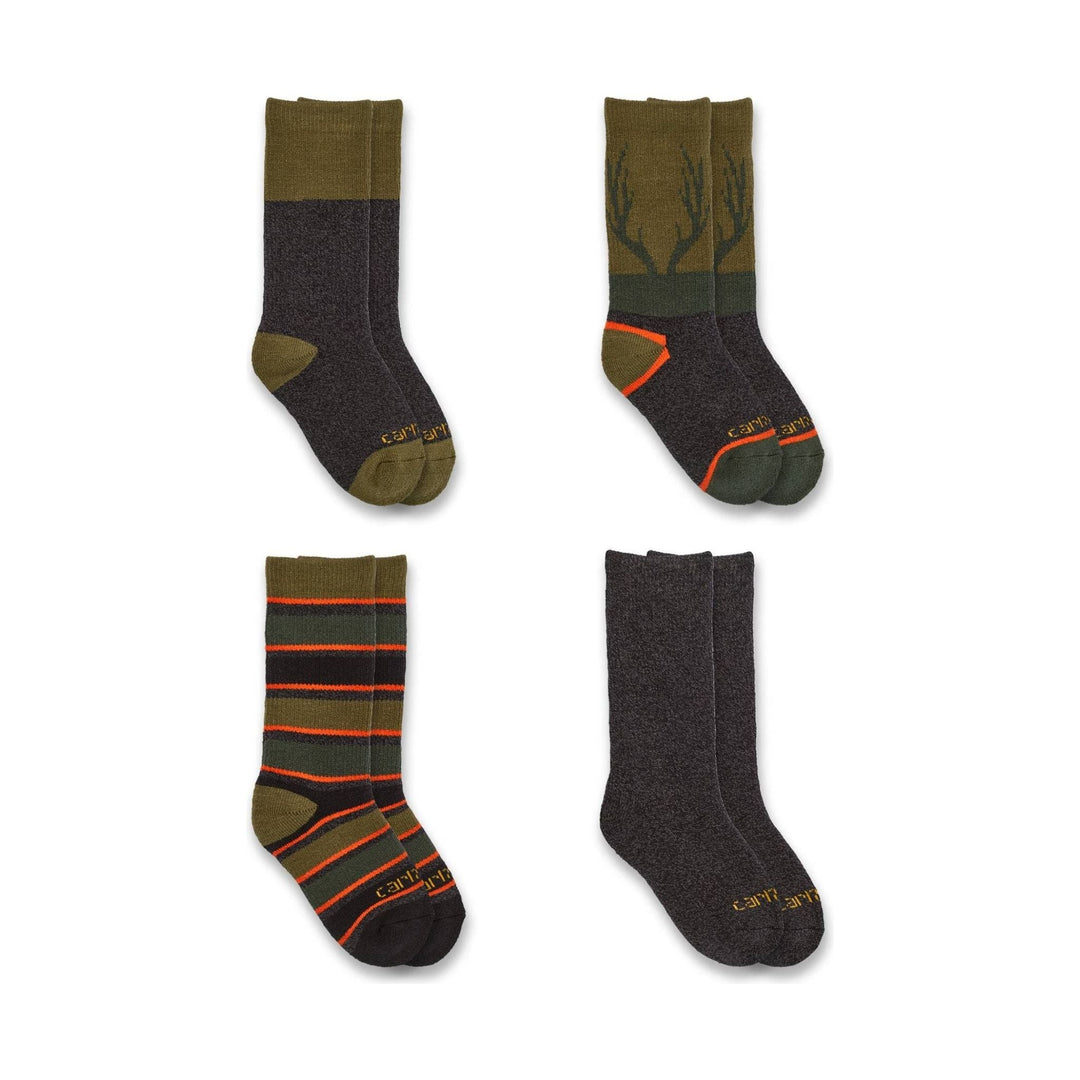 Four pairs of crew socks in olive, charcoal, and orange patterns with visible Carhartt branding