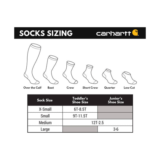 Sock sizing chart with sock lengths from over the calf to low cut and size ranges for toddler and junior shoes